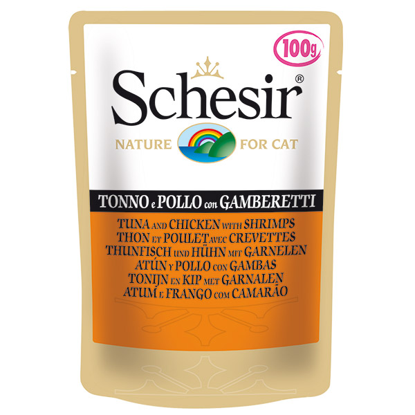 Schesir Cat Pouch Ton Balıklı Tavuklu ve Karidesli Yaş Kedi Maması 100g